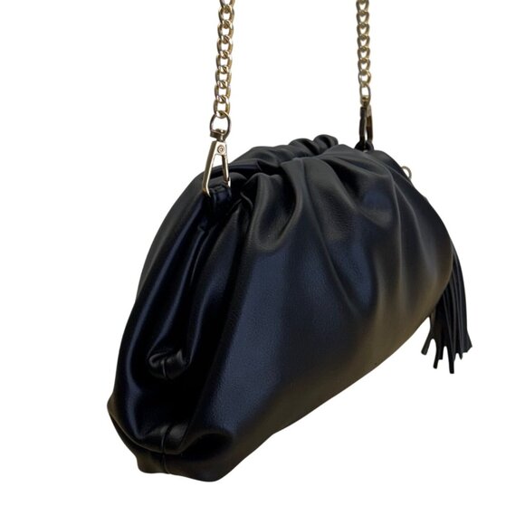 Understated Leather Women’s Black Leather With Tassel Detail & Gold Chain Clutch - Picture 2 of 10
